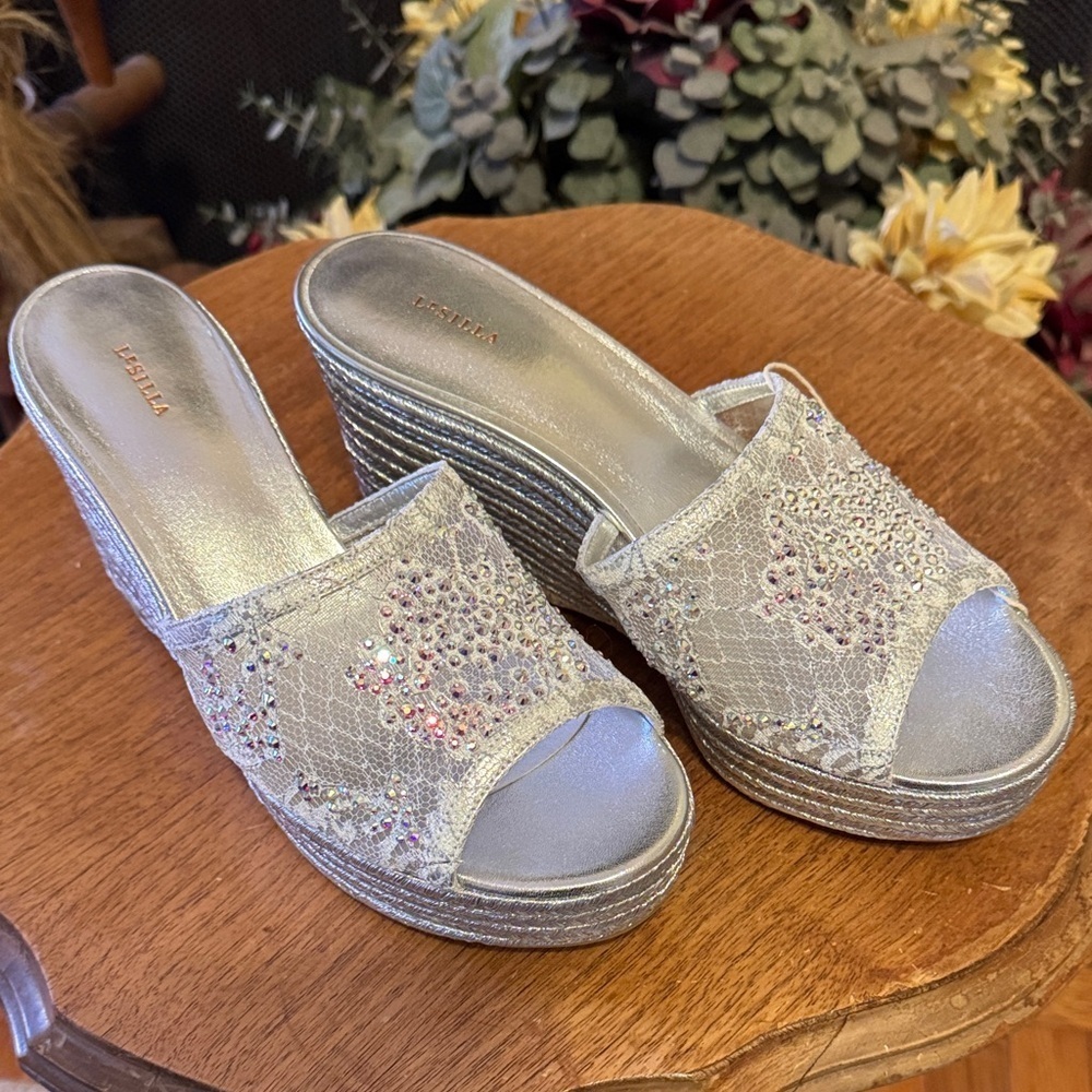 NWT Elegant LeSilla Silver with AB Crystals Women's Wedge Platform Sandals